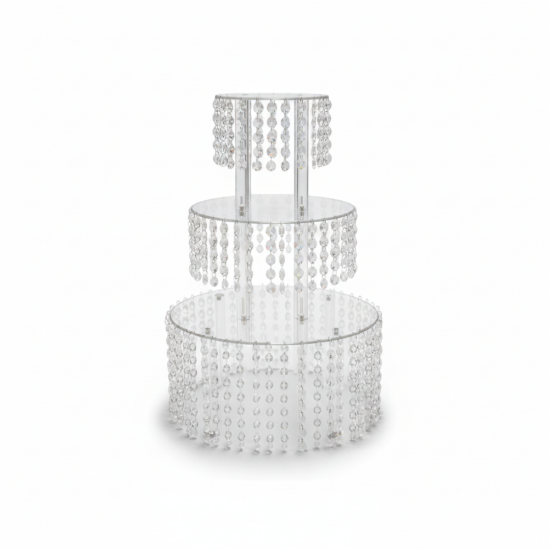 Three-tier round crystal display base with clear bead strands, glamorous riser for cakes, desserts, and wedding table styling.