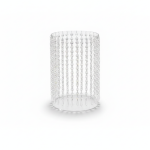 Round clear acrylic base with hanging crystal strands, 23-inch display riser for cakes, dessert tables, and wedding centerpiece décor.