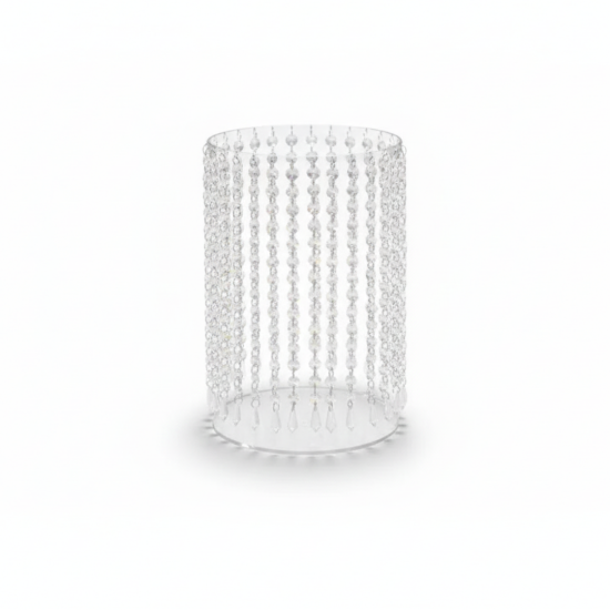 Round clear acrylic base with hanging crystal strands, 23-inch display riser for cakes, dessert tables, and wedding centerpiece décor.