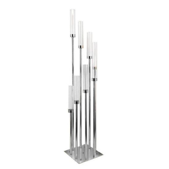 Silver reflection candle holder set with tall slim stems and clear glass cylinders, modern event centerpiece décor for weddings and receptions.