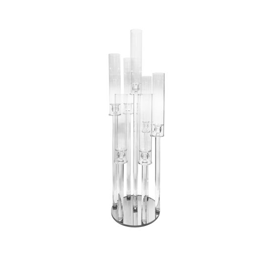 Clear multi-tube candle holder with clustered glass cylinders, modern centerpiece décor for weddings, receptions, and event tables.