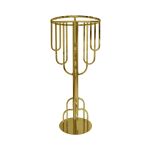 Gold waterflow centerpiece stand with round top ring and cascading curved arms, modern pedestal for wedding floral arrangements.