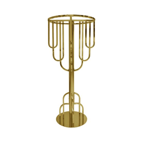 Gold waterflow centerpiece stand with round top ring and cascading curved arms, modern pedestal for wedding floral arrangements.