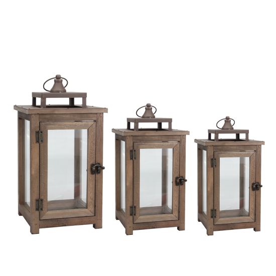 Set of rustic wooden and glass garden lanterns in three sizes with metal tops, wedding aisle décor and outdoor event centerpiece styling.