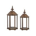 Set of vintage bird cage–style lanterns with rustic metal frame and pointed top, decorative wedding centerpiece and event lighting décor.