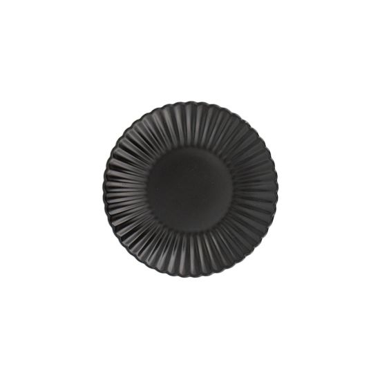 Black petal-rim onyx dessert plate with radiating ridges and a smooth center, small round plate on a white background