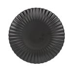 Black petal-rim onyx dinner plate with deep radiating ridges and a smooth center, large round plate on a white background