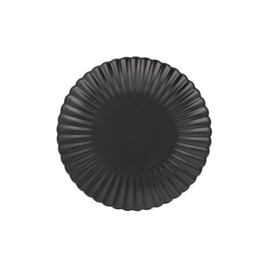 Black petal-rim onyx salad plate with scalloped edge and sunburst ridged design, medium round plate on a white background