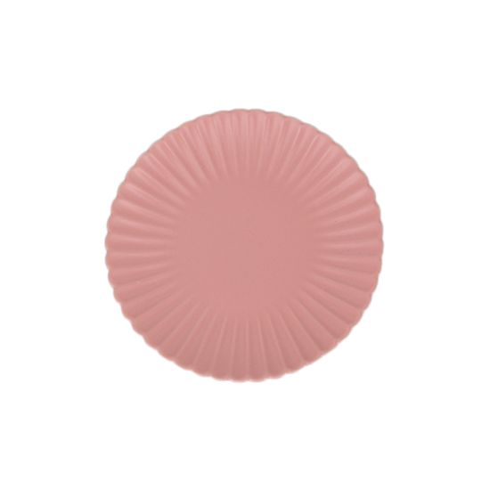 Soft pink petal-rim salad plate with scalloped edge and sunburst ridged design, medium round plate on a white background