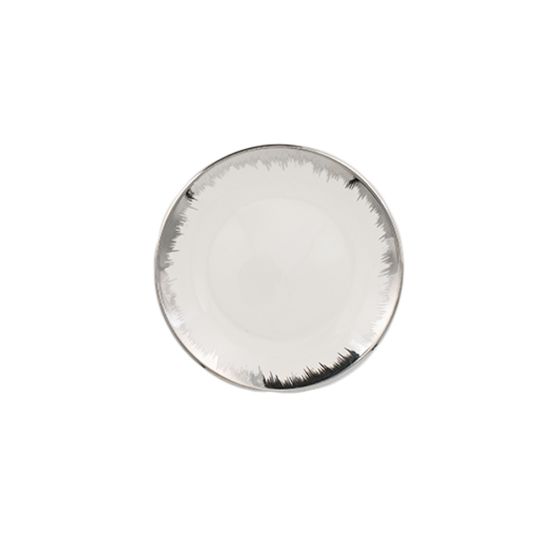 Elsa silver dessert plate with white center and brushed metallic silver rim with feathered edge detail, round design on a white background for events