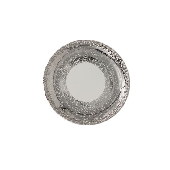 Fairydust silver salad plate with white center and glittery metallic silver speckled rim, round design on a white background for elegant event tables