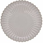 Bone-colored petal-rim dinner plate with deep radiating ridges and a smooth center, large round plate on a white background