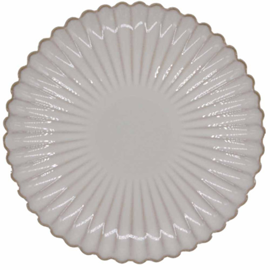 Bone-colored petal-rim dinner plate with deep radiating ridges and a smooth center, large round plate on a white background