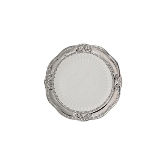 White dessert plate with an ornate silver renaissance-style rim and decorative corner flourishes, small round plate on a white background