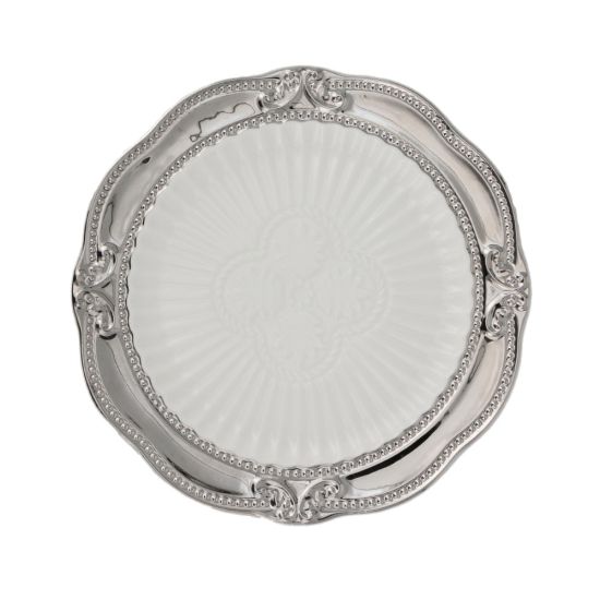 White dinner plate with an ornate silver renaissance-style rim featuring raised baroque-style detailing and accents, large round plate on a white background