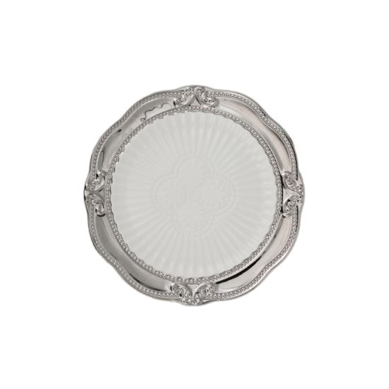 White salad plate with an ornate silver renaissance-style rim and sculpted decorative accents around the edge, medium round plate on a white background