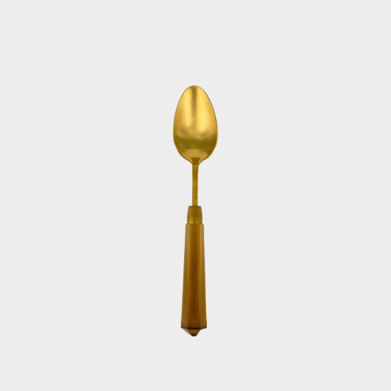 Acrylic dinner spoon with amber handle and matte gold head, set of 10