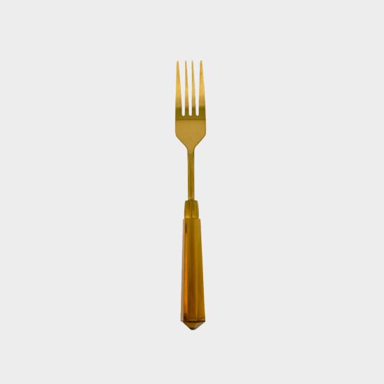 Acrylic dinner fork with amber handle and matte gold head, set of 10