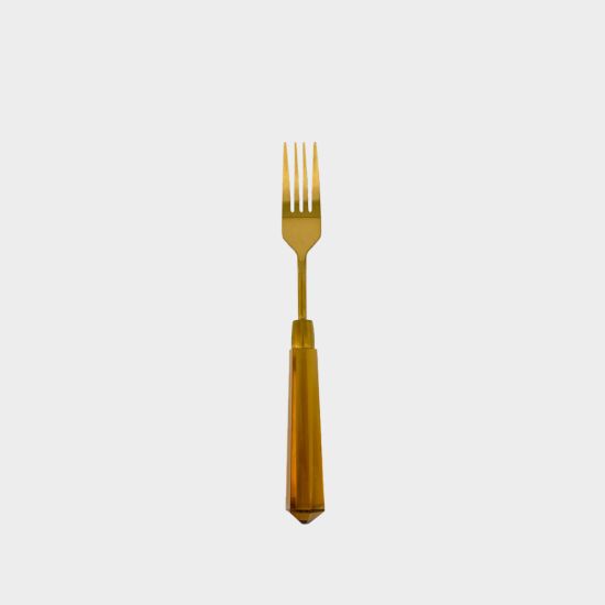 Acrylic salad fork with amber handle and matte gold head, set of 10