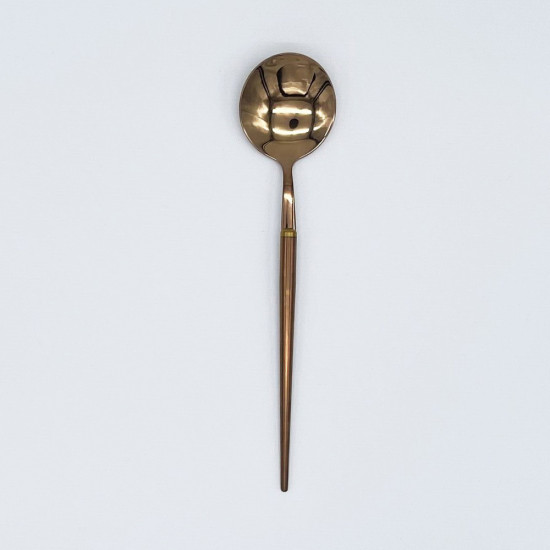 Sleek rose gold dinner spoon with modern straight handle, refined flatware for catered events, weddings, and elegant place settings.