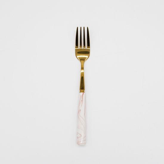 Gold dinner fork with pink-and-white marble ceramic handle, stylish disposable flatware for receptions, catering, and upscale table settings.
