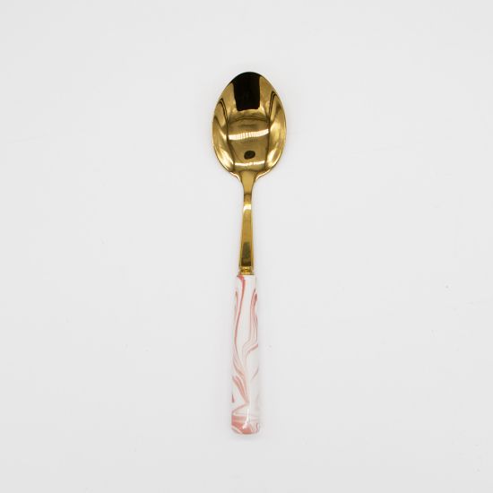 Gold dinner spoon with pink-and-white marble ceramic handle, chic disposable flatware for catered events and elegant tablescapes.