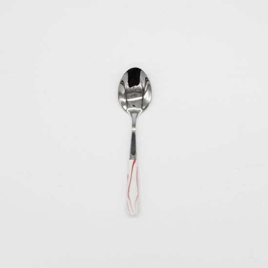 Silver dessert spoon with pink-and-white marble ceramic handle, elegant disposable flatware for weddings, showers, and dessert tables.