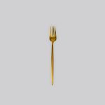 Gold dessert fork with slim modern handle, chic disposable flatware set of 10 for cakes, dessert bars, and reception tables.