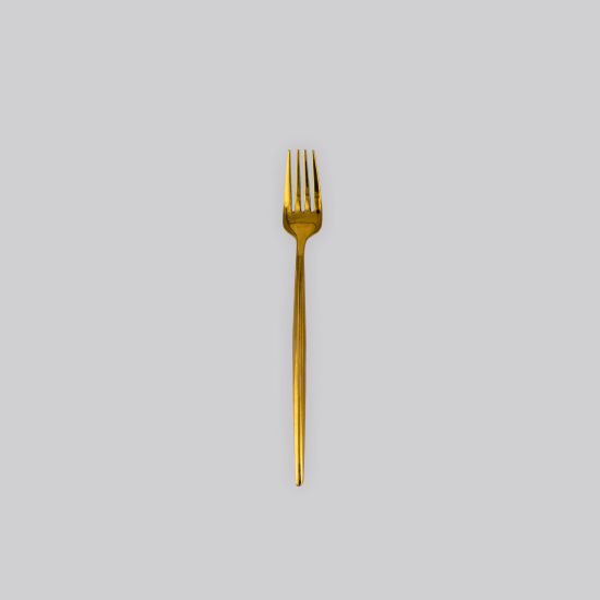 Gold dessert fork with slim modern handle, chic disposable flatware set of 10 for cakes, dessert bars, and reception tables.