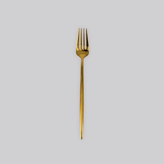 Gold dinner fork with slim modern handle, premium disposable flatware set of 10 for banquets, weddings, and formal place settings.