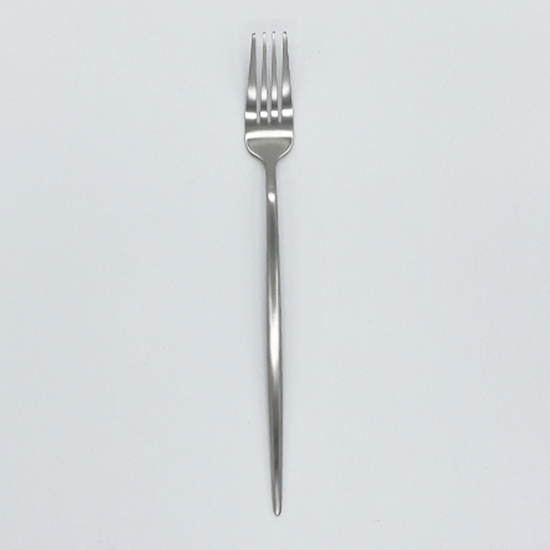 Matte silver dinner fork with slim modern handle, premium disposable flatware set of 10 for banquets, weddings, and formal place settings.