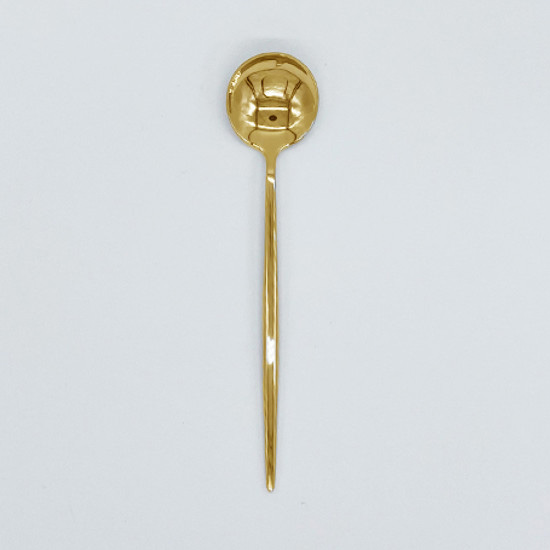 Shiny gold dinner spoon with slim modern handle, chic disposable flatware set of 10 for catered events, weddings, and elegant table décor.