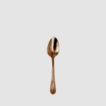 Rose gold Victorian-style dessert spoon with ornate handle, elegant disposable flatware for desserts, showers, and upscale event tablescapes.