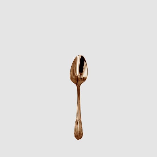 Rose gold Victorian-style dessert spoon with ornate handle, elegant disposable flatware for desserts, showers, and upscale event tablescapes.