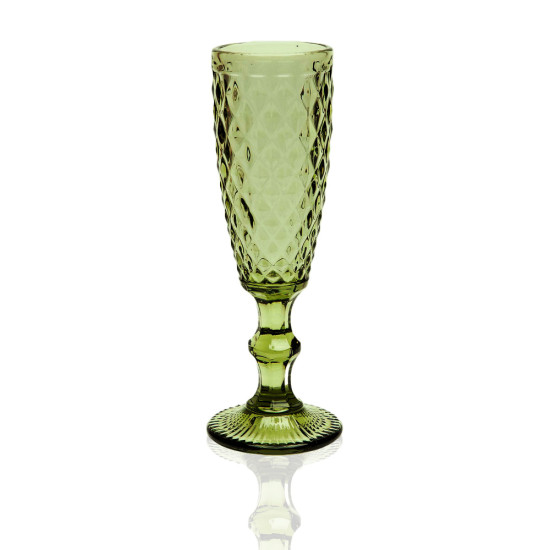 Capri olive green champagne flute with textured diamond pattern and short stem, elegant event glassware for weddings and toasts, rack of 36.