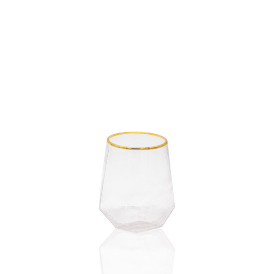 Clear geometric water glass with gold rim, modern tumbler-style drinkware for receptions and dinner tables, rack of 16.