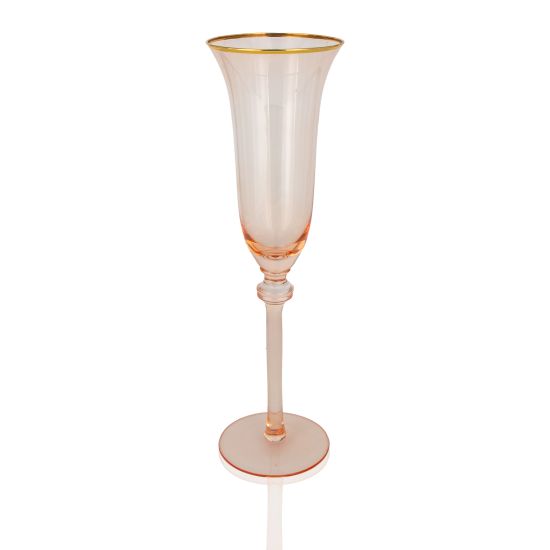 Glitz blush champagne flute with gold rim and slender stem, elegant pink event glassware for weddings and toasts, rack of 25.