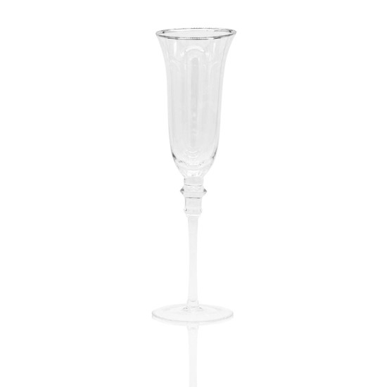 Glitz clear champagne flute with thin silver rim and slender stem, elegant event glassware for weddings and toasts, rack of 36.