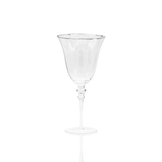 Glitz clear wine glass with thin silver rim and flared bowl, elegant event glassware for weddings, parties, and bar service, rack of 25.