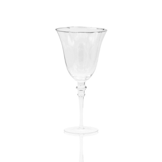 Glitz clear water glass with thin silver rim and flared bowl, elegant event glassware for receptions and dinner tables, rack of 16.
