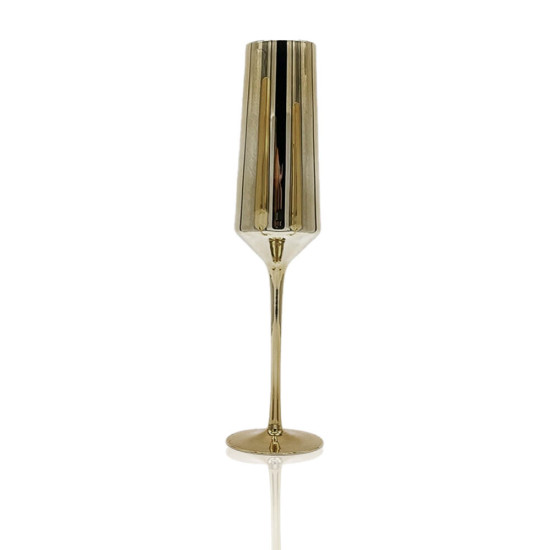 Reflection antique gold champagne flute with metallic mirrored finish and slender stem, luxury event glassware for weddings and toasts, rack of 25.