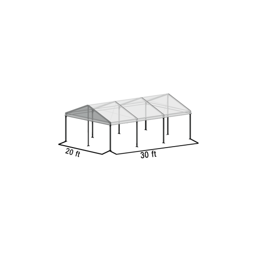 20'x30' A-frame structure tent with black frame and white pitched roof, open-sided event structure displayed in product rendering with dimensions
