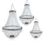 Black acrylic crystal chandelier set with tiered bead strands, elegant hanging décor lighting for weddings, lounges, and event staging.