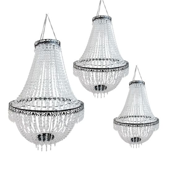 Black acrylic crystal chandelier set with tiered bead strands, elegant hanging décor lighting for weddings, lounges, and event staging.