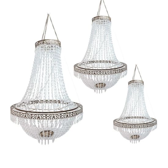 Bronze acrylic crystal chandelier set with tiered bead strands, elegant hanging décor lighting for weddings, lounges, and event staging.