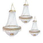 Gold acrylic crystal chandelier set with tiered bead strands, elegant hanging décor lighting for weddings, lounges, and event staging.