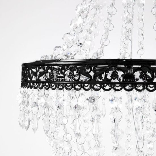 Black acrylic crystal chandelier set with tiered bead strands, elegant hanging décor lighting for weddings, lounges, and event staging.