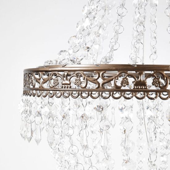 Bronze acrylic crystal chandelier set with tiered bead strands, elegant hanging décor lighting for weddings, lounges, and event staging.