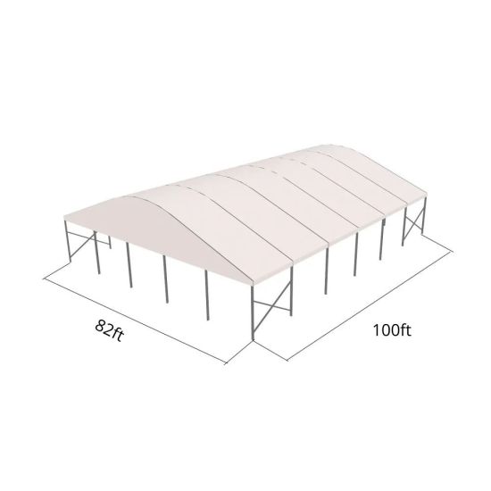 82'x100' curved event tent with silver frame and white arched roof, large open-sided event structure displayed in product rendering with support framing