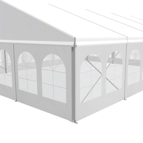 10′ white vinyl tent sidewall with cathedral window, ideal for wedding tents and elegant outdoor event setups